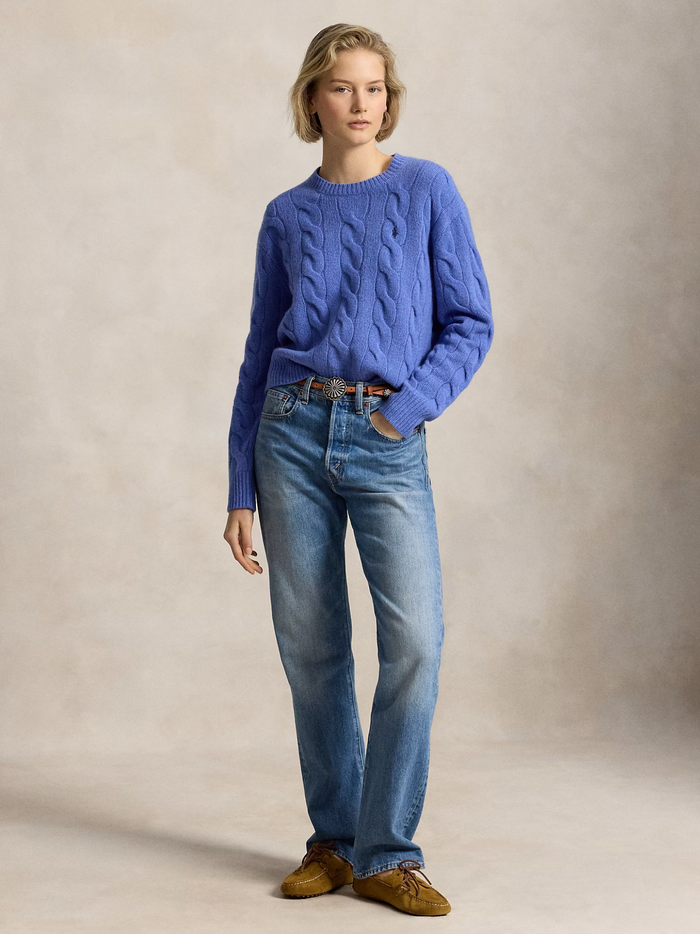 RALPH LAUREN WOMEN Cable-Knit Wool-Cashmere Sweater Dockside Blue Heather