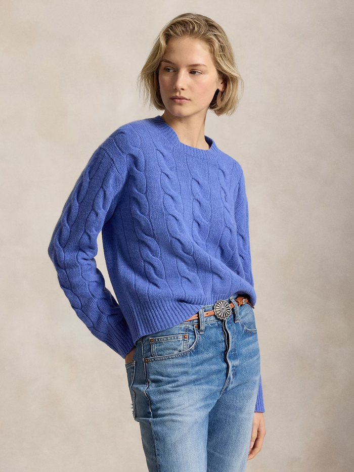RALPH LAUREN WOMEN Cable-Knit Wool-Cashmere Sweater Dockside Blue Heather