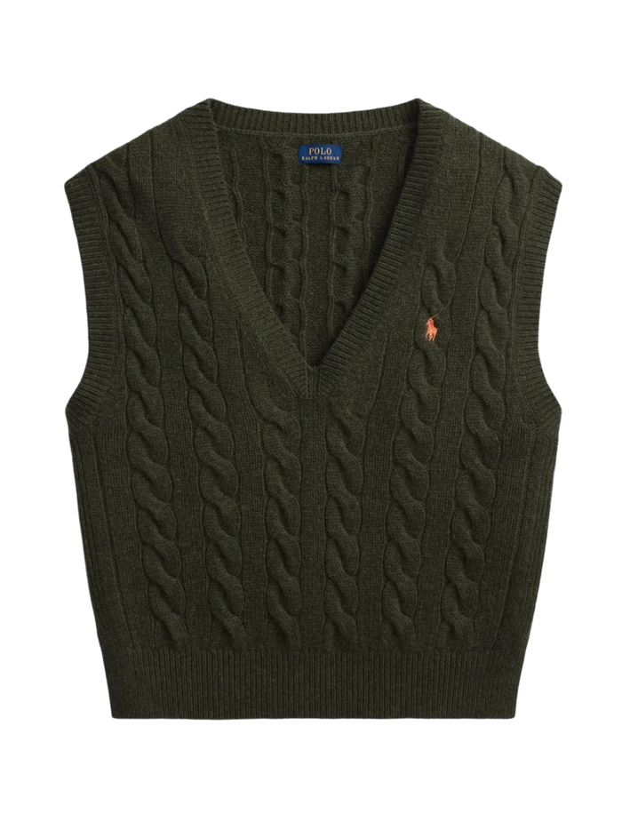 RALPH LAUREN WOMEN Cable-knit Wool-cashmere Sweater Vest Olive Umber Heather