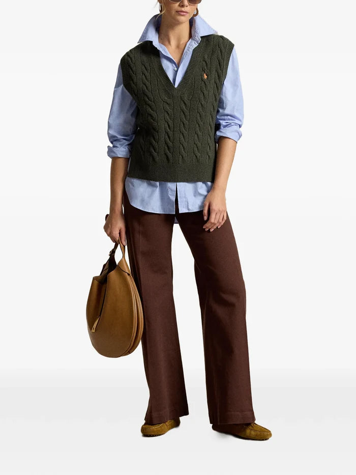 RALPH LAUREN WOMEN Cable-knit Wool-cashmere Sweater Vest Olive Umber Heather