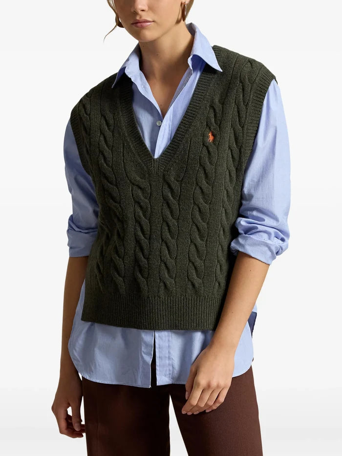RALPH LAUREN WOMEN Cable-knit Wool-cashmere Sweater Vest Olive Umber Heather