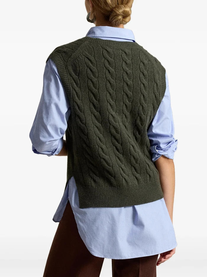 RALPH LAUREN WOMEN Cable-knit Wool-cashmere Sweater Vest Olive Umber Heather