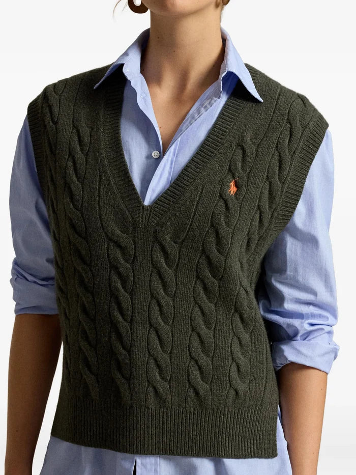 RALPH LAUREN WOMEN Cable-knit Wool-cashmere Sweater Vest Olive Umber Heather