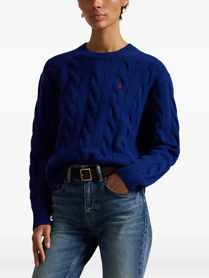RALPH LAUREN WOMEN Cable-Knit Wool-Cashmere Sweater Winter Night Navy