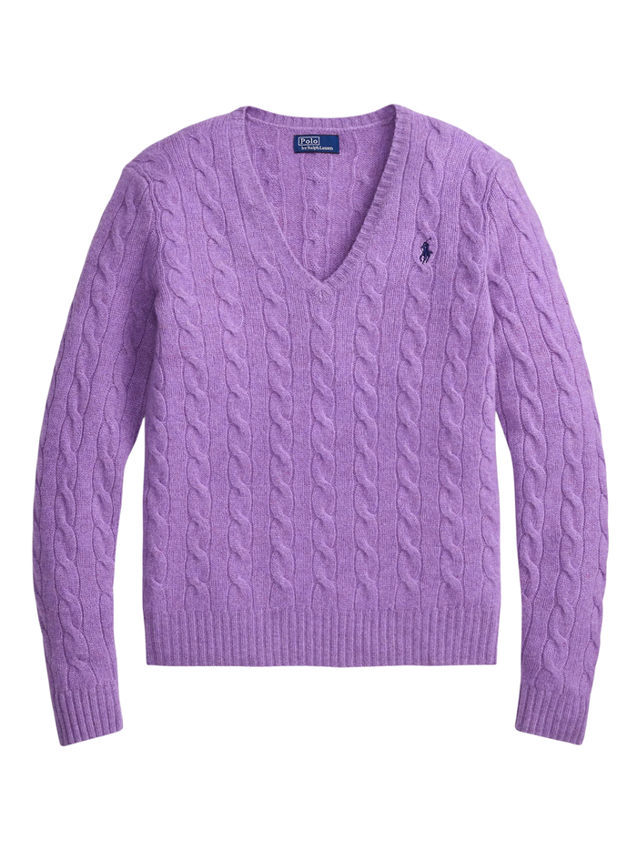 RALPH LAUREN WOMEN Cable-Knit Wool-Cashmere V-neck Sweater Amethyst Falls Heather