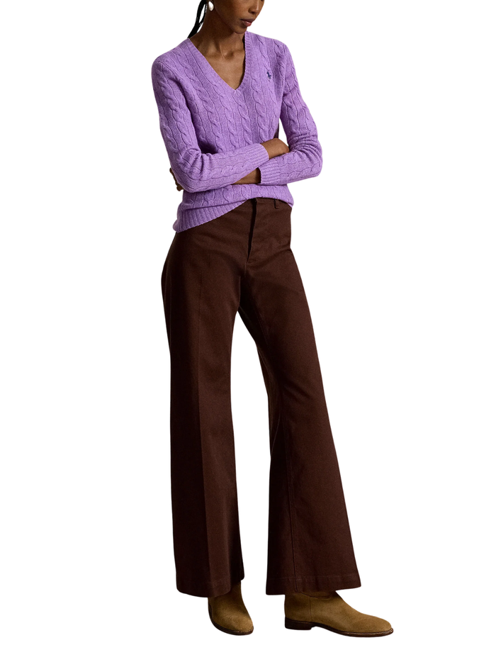RALPH LAUREN WOMEN Cable-Knit Wool-Cashmere V-neck Sweater Amethyst Falls Heather
