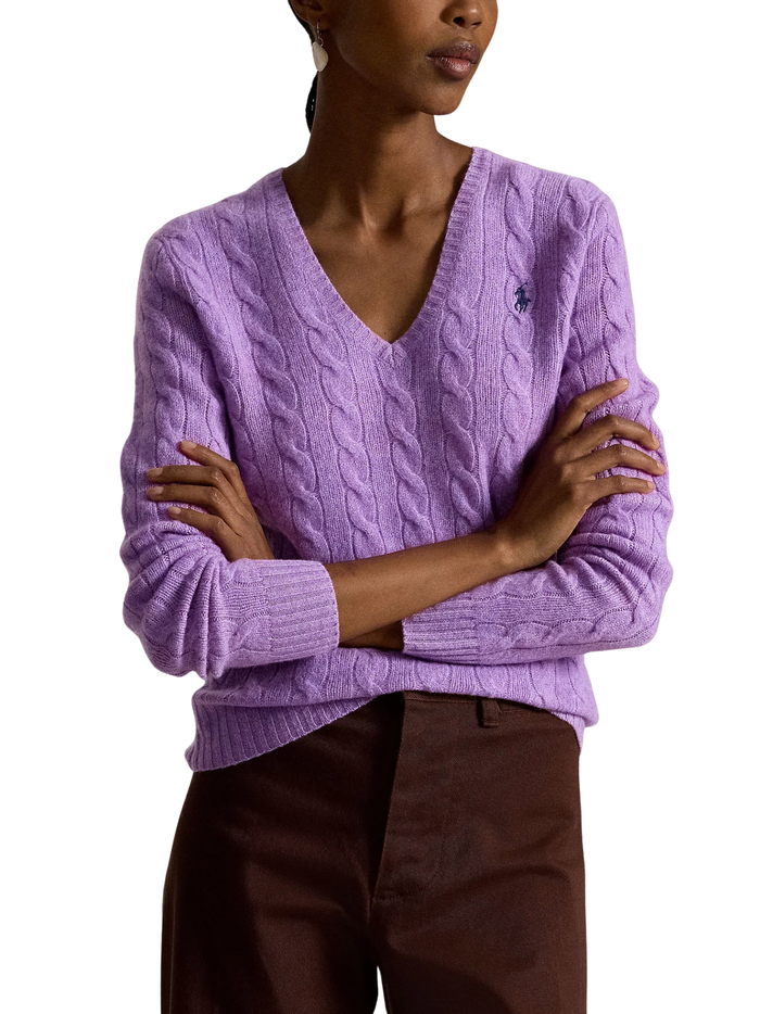 RALPH LAUREN WOMEN Cable-Knit Wool-Cashmere V-neck Sweater Amethyst Falls Heather