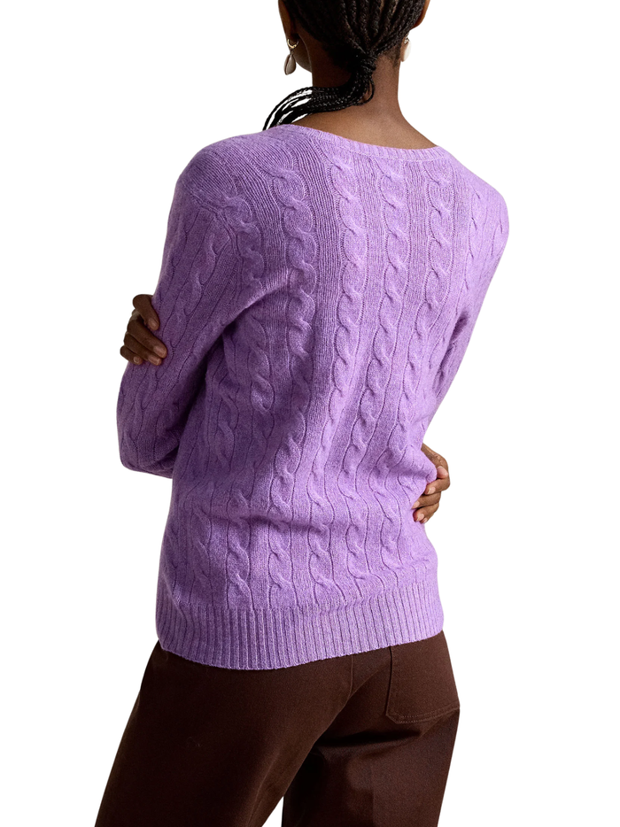RALPH LAUREN WOMEN Cable-Knit Wool-Cashmere V-neck Sweater Amethyst Falls Heather