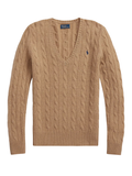 RALPH LAUREN WOMEN Cable-Knit Wool-Cashmere V-Neck Sweater Collection Camel Melange