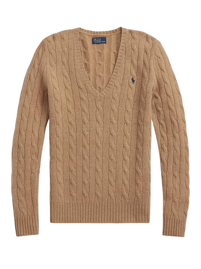 RALPH LAUREN WOMEN Cable-Knit Wool-Cashmere V-Neck Sweater Collection Camel Melange