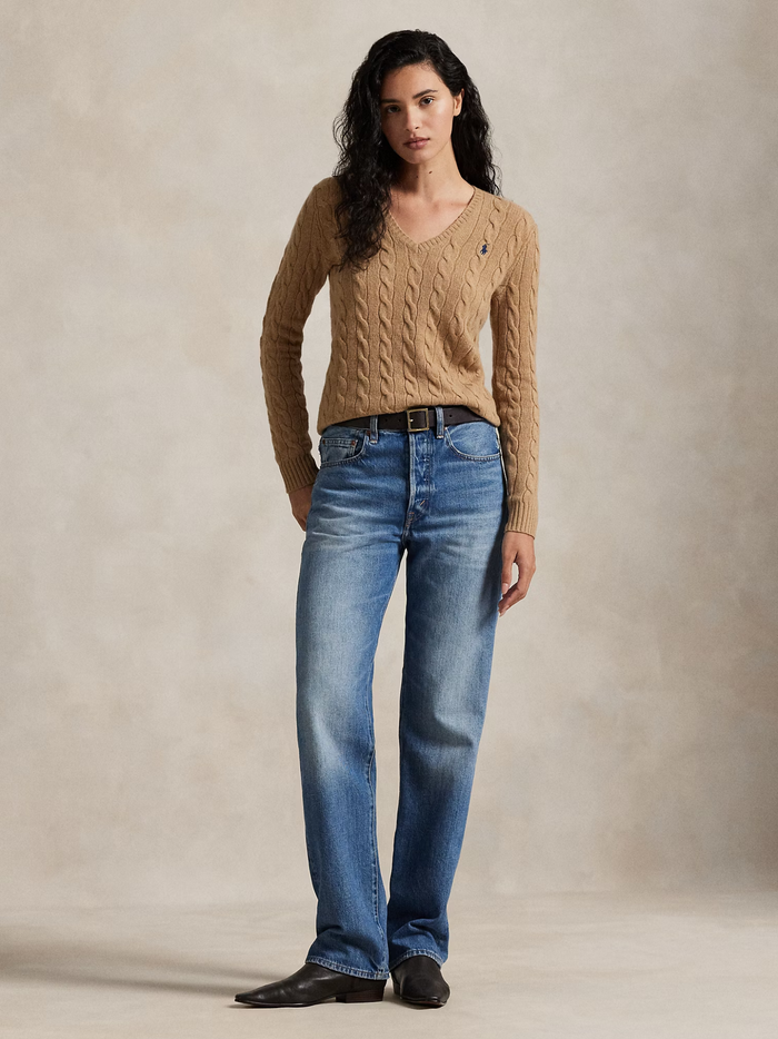 RALPH LAUREN WOMEN Cable-Knit Wool-Cashmere V-Neck Sweater Collection Camel Melange