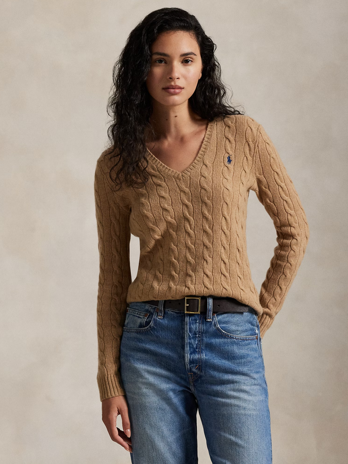 RALPH LAUREN WOMEN Cable-Knit Wool-Cashmere V-Neck Sweater Collection Camel Melange
