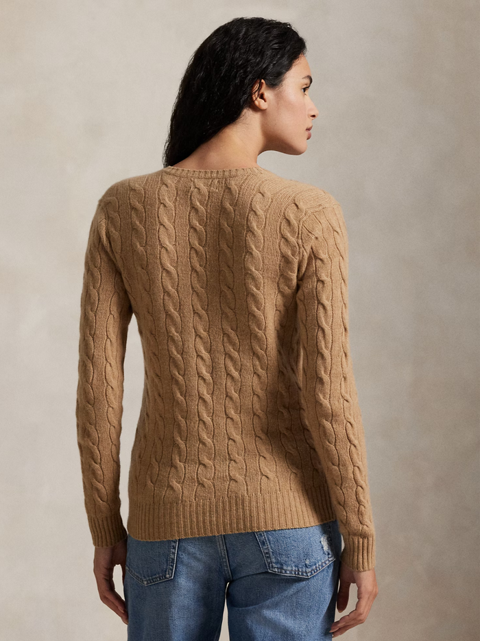 RALPH LAUREN WOMEN Cable-Knit Wool-Cashmere V-Neck Sweater Collection Camel Melange