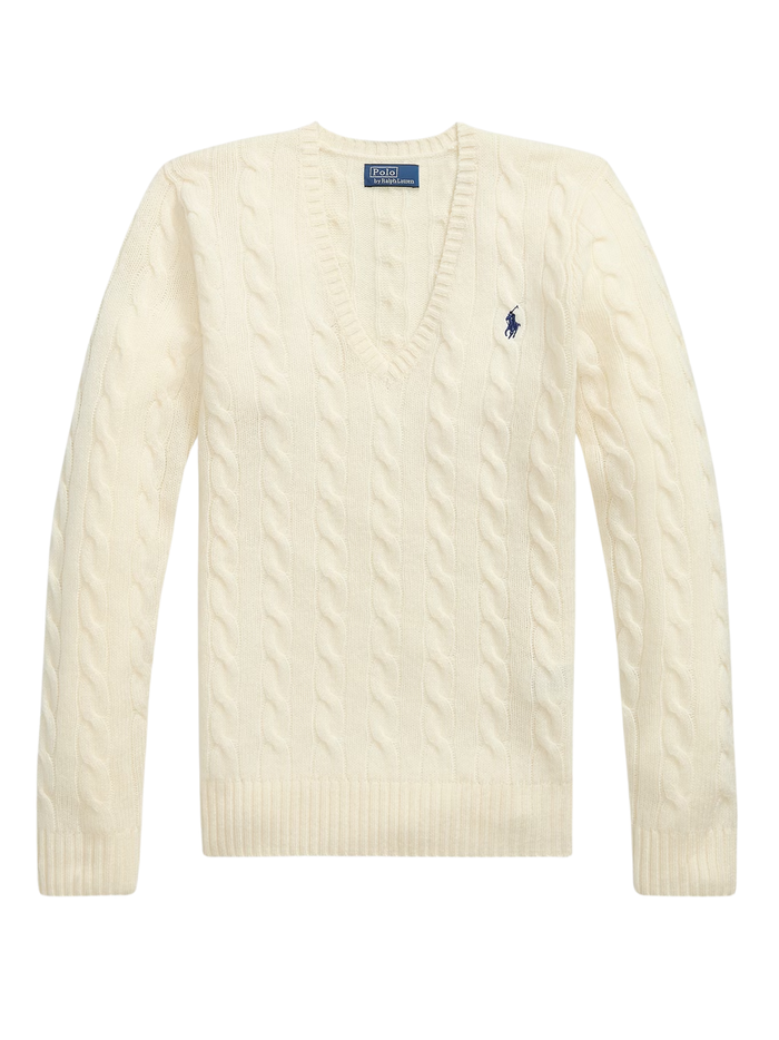 RALPH LAUREN WOMEN Cable-Knit Wool-Cashmere V-Neck Sweater Cream