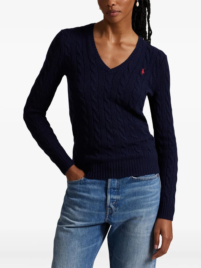RALPH LAUREN WOMEN Cable-Knit Wool-Cashmere V-Neck Sweater Hunter Navy