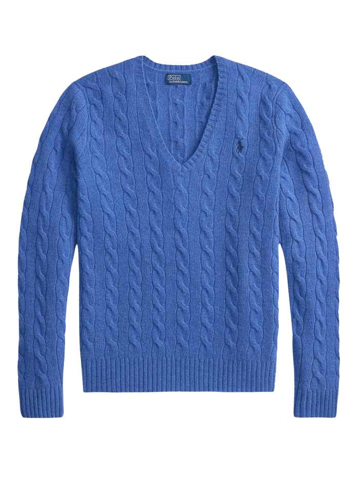 RALPH LAUREN WOMEN Cable-Knit Wool-Cashmere V-Neck Sweater Nimes Blue Heather