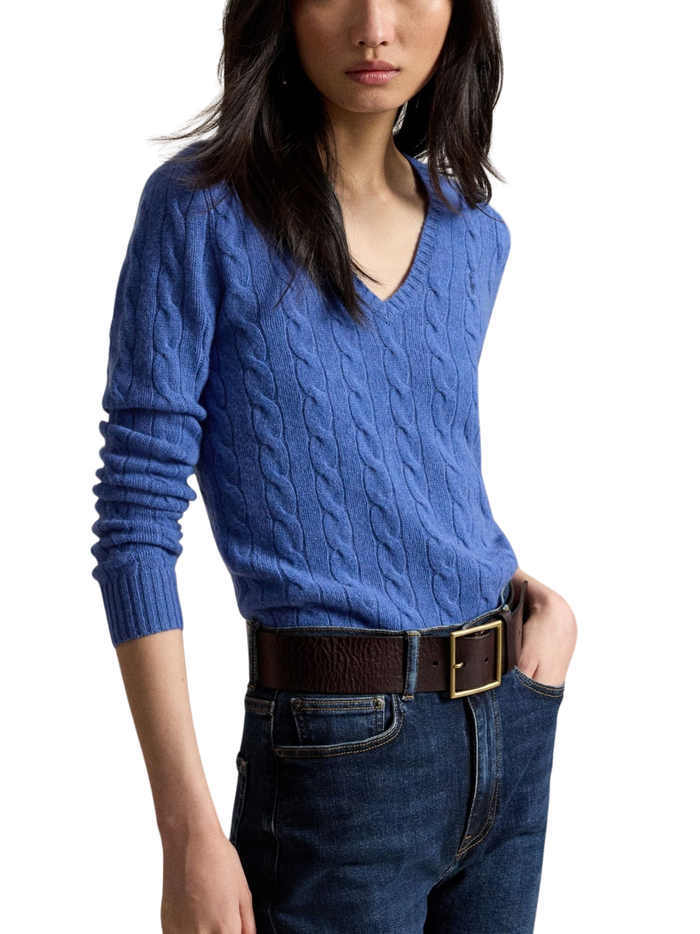 RALPH LAUREN WOMEN Cable-Knit Wool-Cashmere V-Neck Sweater Nimes Blue Heather