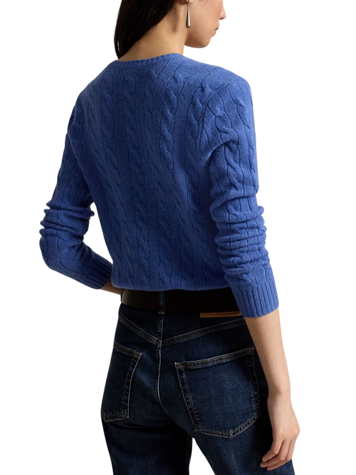 RALPH LAUREN WOMEN Cable-Knit Wool-Cashmere V-Neck Sweater Nimes Blue Heather