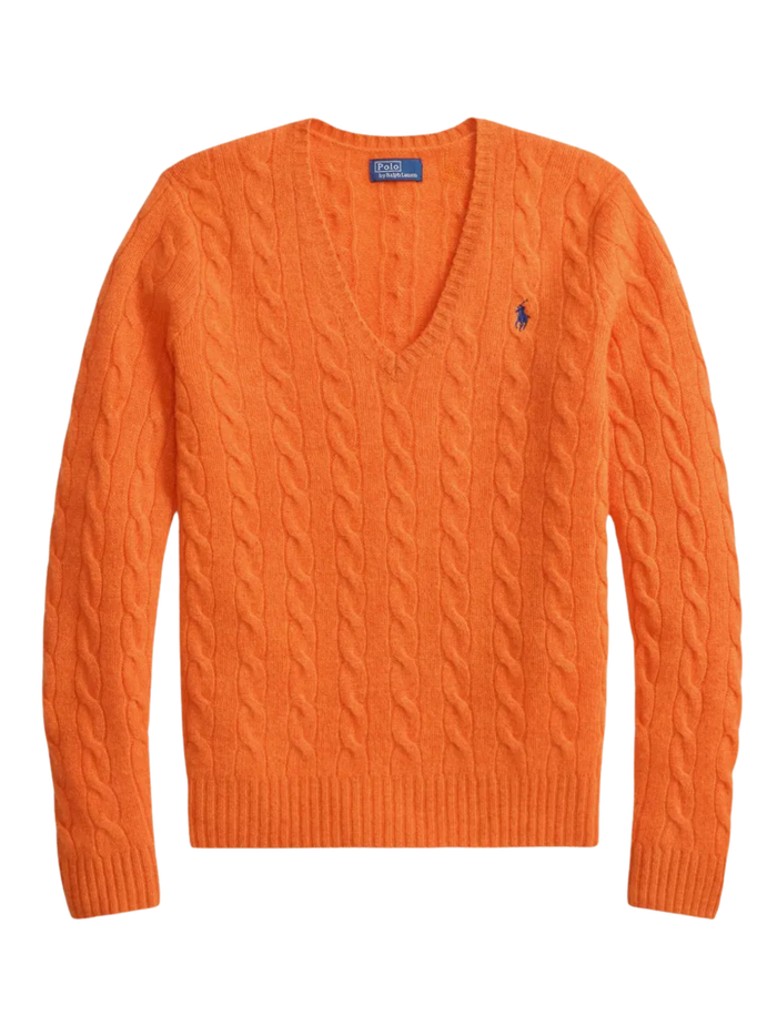 RALPH LAUREN WOMEN Cable-knit Wool-cashmere V-neck Sweater Orange Rust Heather