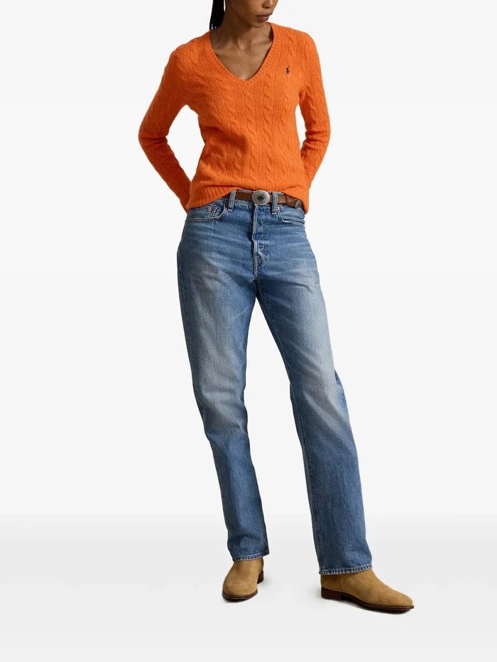 RALPH LAUREN WOMEN Cable-knit Wool-cashmere V-neck Sweater Orange Rust Heather