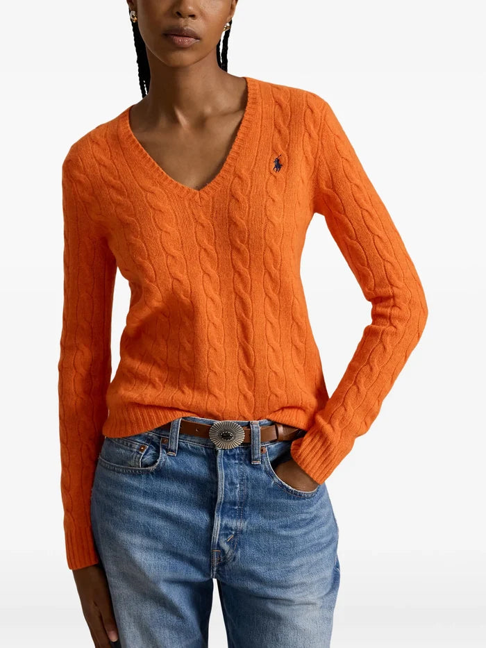 RALPH LAUREN WOMEN Cable-knit Wool-cashmere V-neck Sweater Orange Rust Heather