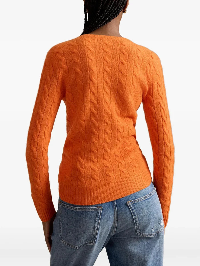 RALPH LAUREN WOMEN Cable-knit Wool-cashmere V-neck Sweater Orange Rust Heather