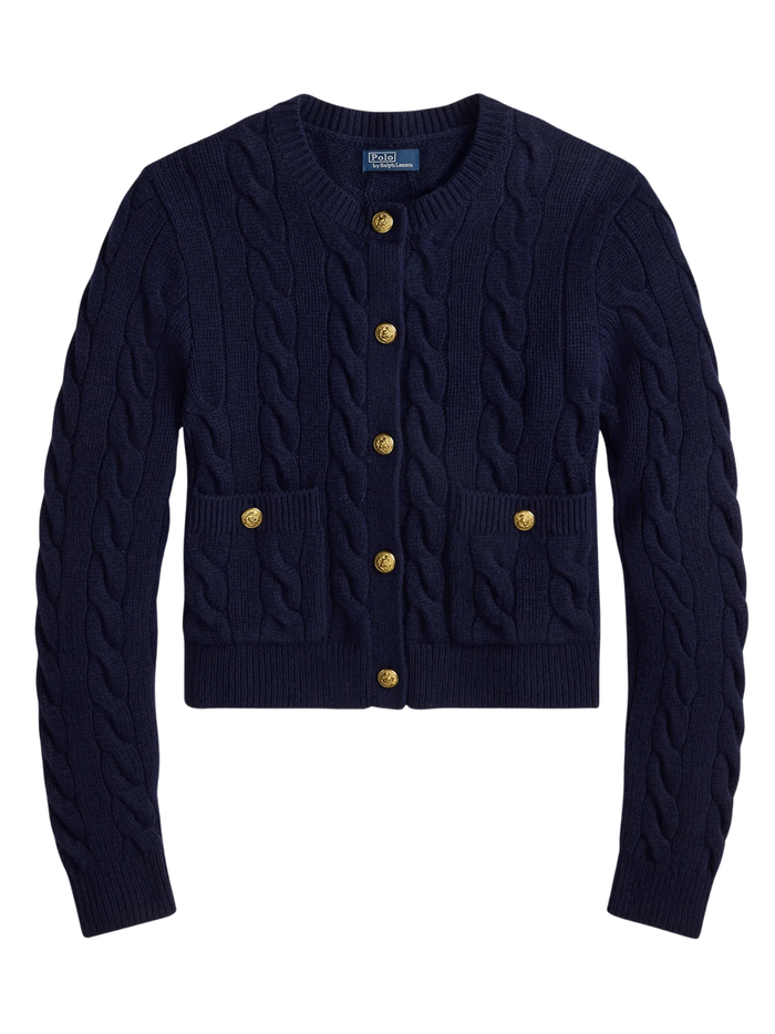 RALPH LAUREN WOMEN Cable Wool-Cashmere Cardigan Hunter Navy