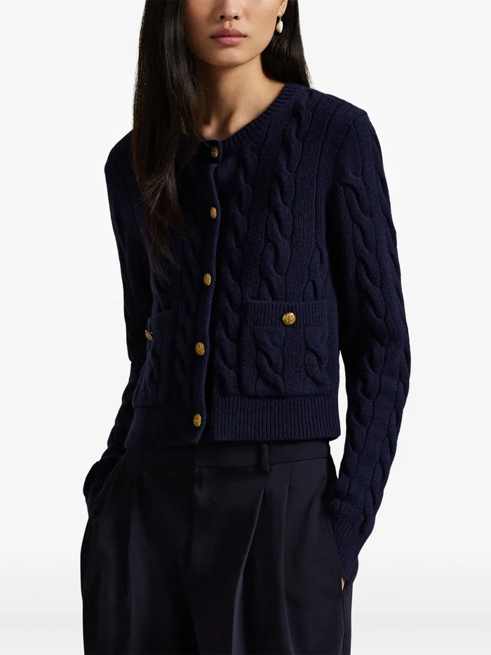 RALPH LAUREN WOMEN Cable Wool-Cashmere Cardigan Hunter Navy