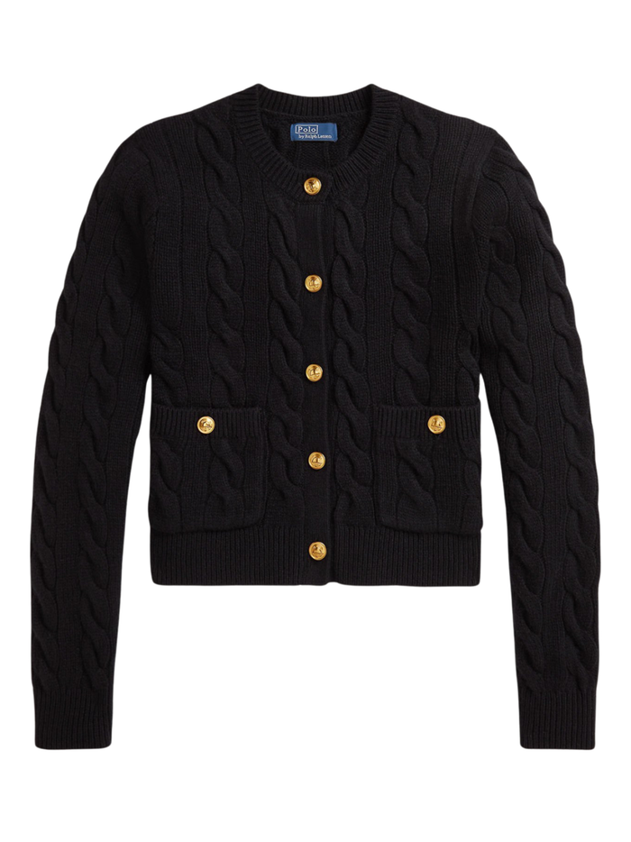 RALPH LAUREN WOMEN Cable Wool-Cashmere Cardigan Polo Black