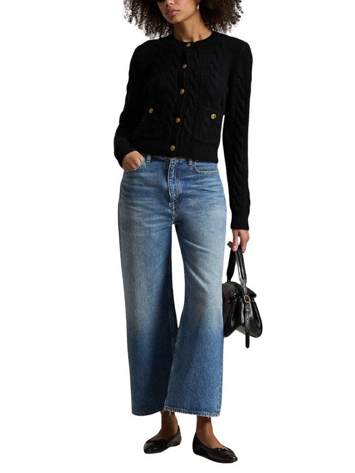 RALPH LAUREN WOMEN Cable Wool-Cashmere Cardigan Polo Black