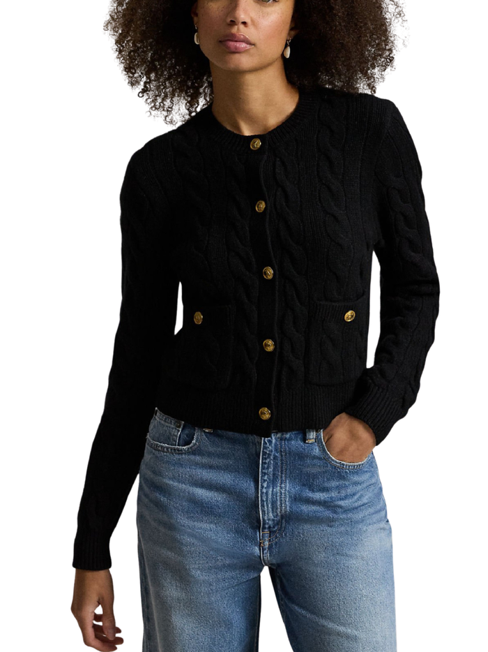 RALPH LAUREN WOMEN Cable Wool-Cashmere Cardigan Polo Black