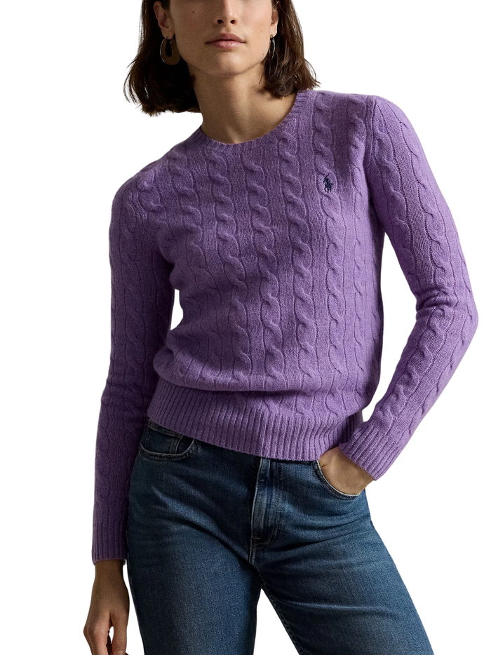 RALPH LAUREN WOMEN Cable Wool-Cashmere Crewneck Sweater Amethyst Falls Heather