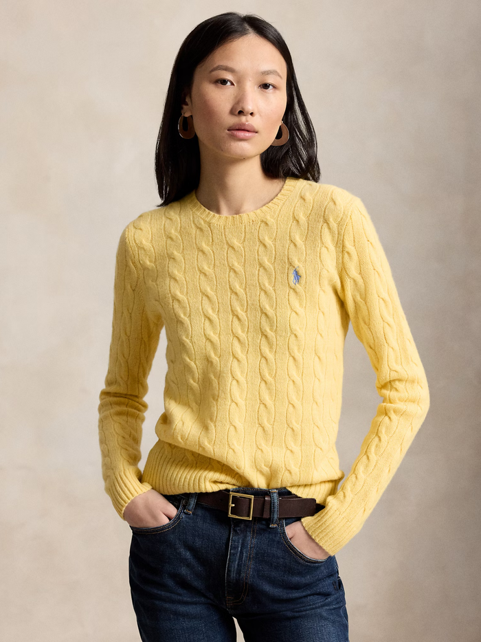 RALPH LAUREN WOMEN Cable Wool-Cashmere Crewneck Sweater Fall Yellow