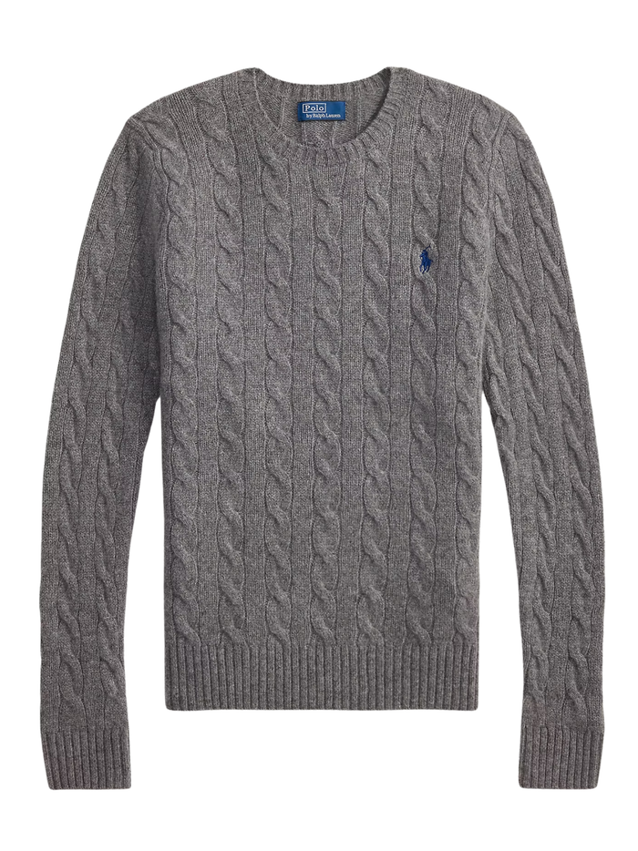RALPH LAUREN WOMEN Cable Wool-Cashmere Crewneck Sweater Flannel Grey Heather