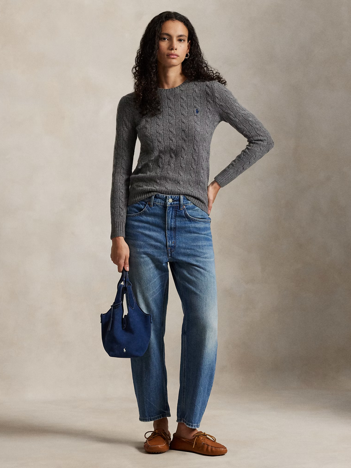 RALPH LAUREN WOMEN Cable Wool-Cashmere Crewneck Sweater Flannel Grey Heather