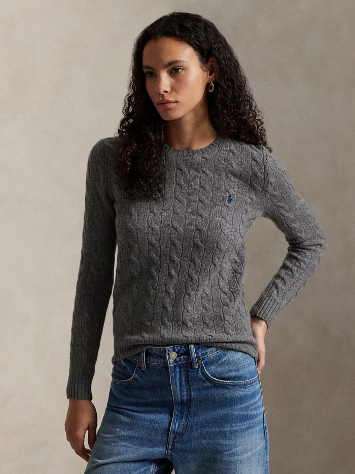 RALPH LAUREN WOMEN Cable Wool-Cashmere Crewneck Sweater Flannel Grey Heather