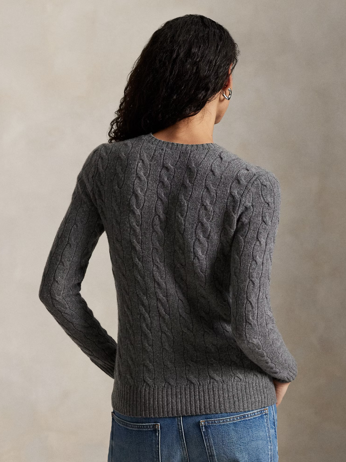 RALPH LAUREN WOMEN Cable Wool-Cashmere Crewneck Sweater Flannel Grey Heather