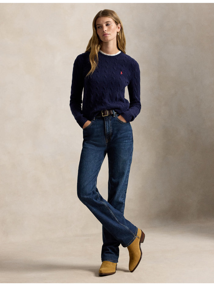 RALPH LAUREN WOMEN Cable Wool-Cashmere Crewneck Sweater Hunter Navy