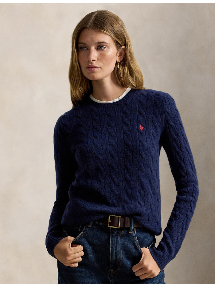 RALPH LAUREN WOMEN Cable Wool-Cashmere Crewneck Sweater Hunter Navy