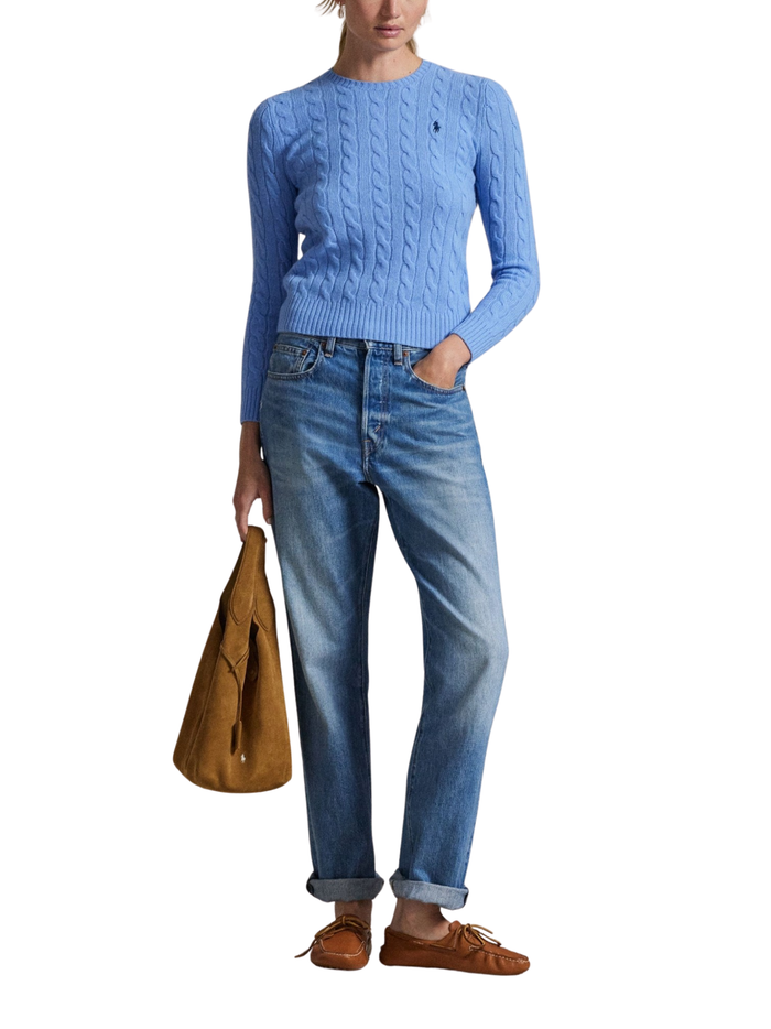 RALPH LAUREN WOMEN Cable Wool-cashmere Crewneck Sweater New Litchfield Blue