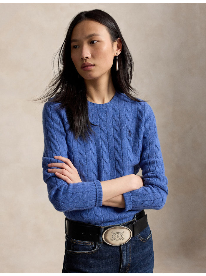 RALPH LAUREN WOMEN Cable Wool-Cashmere Crewneck Sweater Nimes Blue Heather