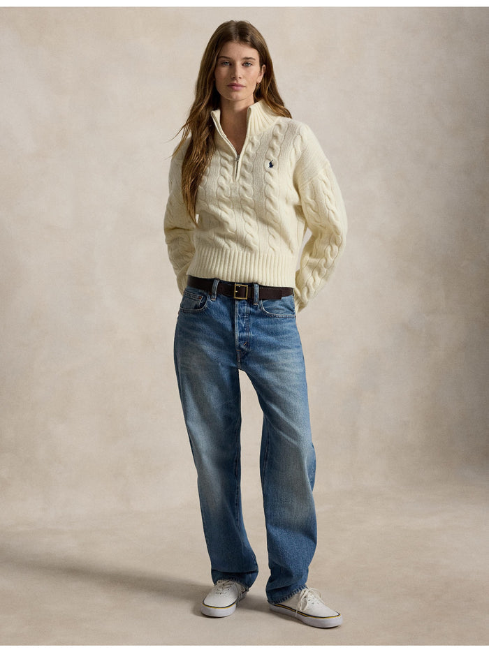 RALPH LAUREN WOMEN Cable Wool-Cashmere Half-Zip Sweater Authentic Cream