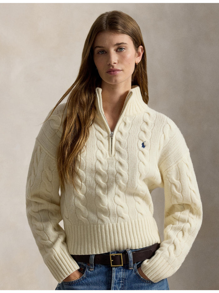 RALPH LAUREN WOMEN Cable Wool-Cashmere Half-Zip Sweater Authentic Cream