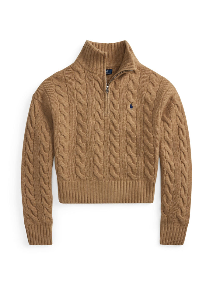 RALPH LAUREN WOMEN Cable Wool-Cashmere Half-Zip Sweater Collection Camel Melange