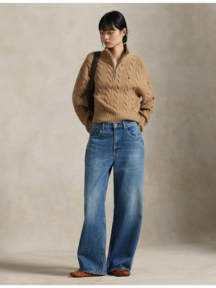 RALPH LAUREN WOMEN Cable Wool-Cashmere Half-Zip Sweater Collection Camel Melange