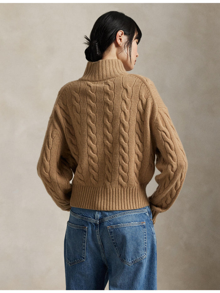 RALPH LAUREN WOMEN Cable Wool-Cashmere Half-Zip Sweater Collection Camel Melange
