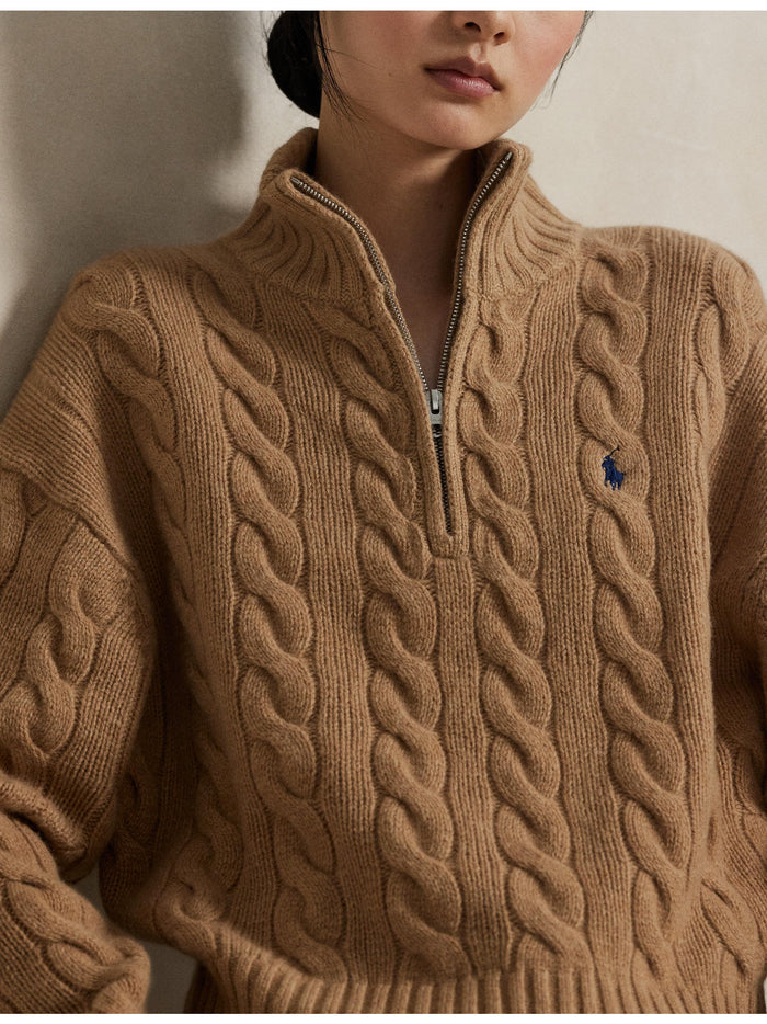 RALPH LAUREN WOMEN Cable Wool-Cashmere Half-Zip Sweater Collection Camel Melange
