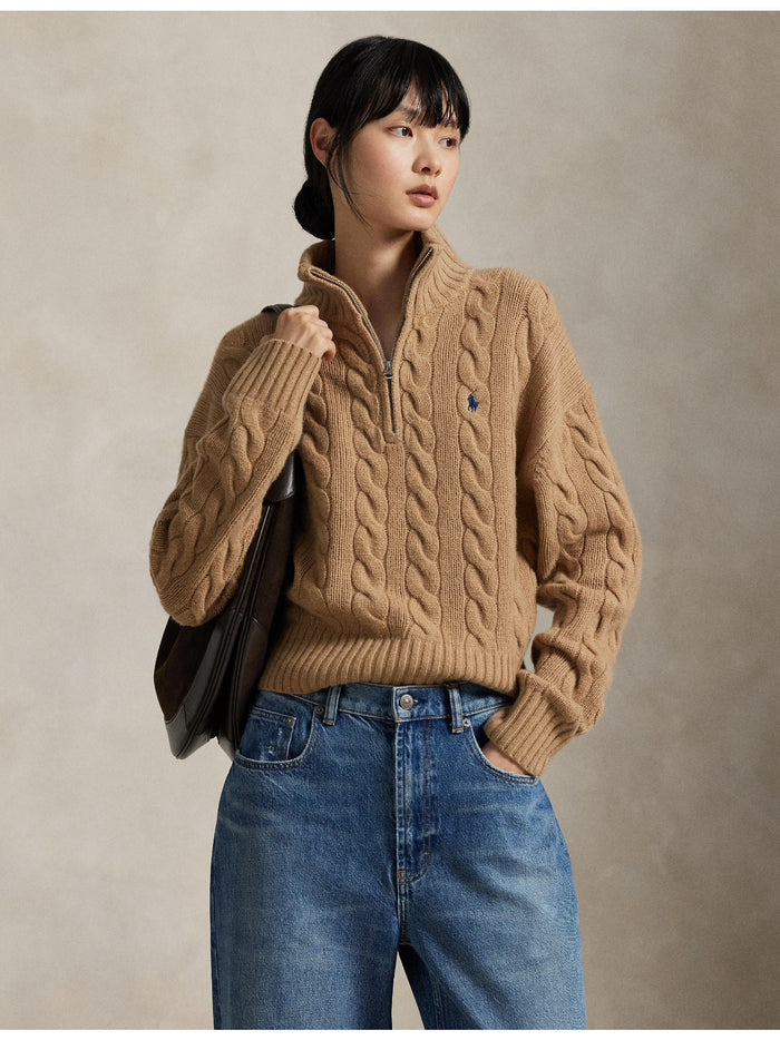 RALPH LAUREN WOMEN Cable Wool-Cashmere Half-Zip Sweater Collection Camel Melange