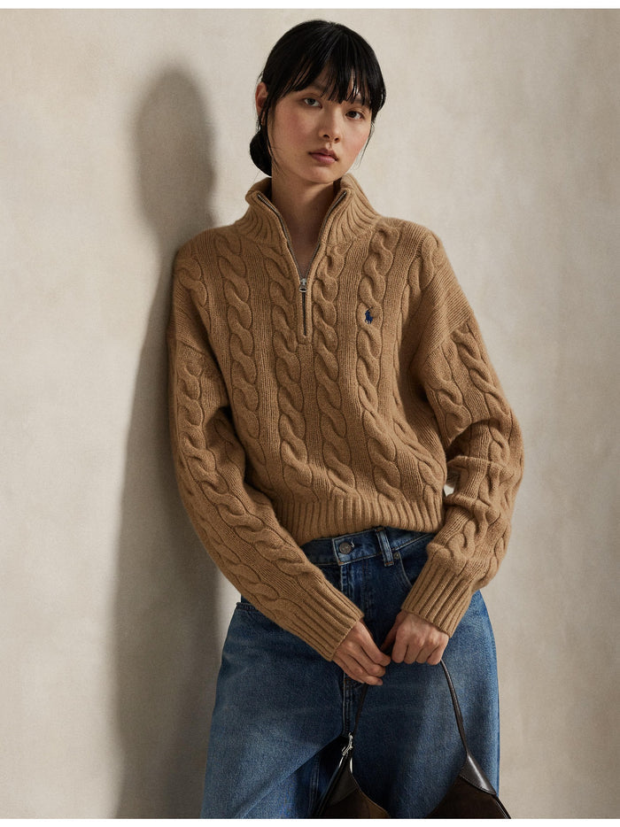 RALPH LAUREN WOMEN Cable Wool-Cashmere Half-Zip Sweater Collection Camel Melange