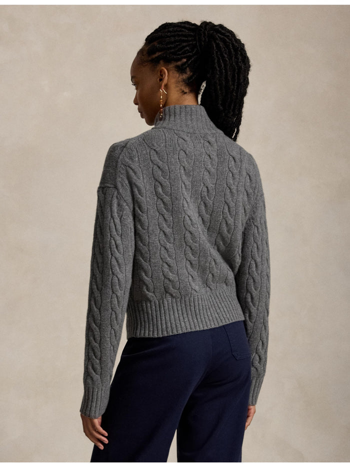 RALPH LAUREN WOMEN Cable Wool-Cashmere Half-Zip Sweater Flannel Grey Heather